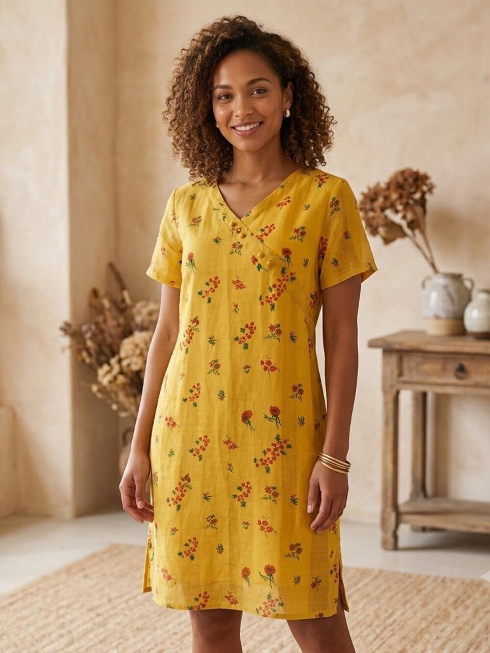 NWT Yellow Floral Linen Cotton Shift Dress L Boho Tunic